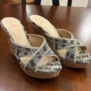 GUESS Black & Cream Logo Cross-Strap Wedge Sandals